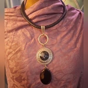 Vintage Black and Silver Statement Necklace Onyx Tigers Eye Braided Leather Cord